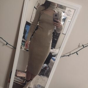Oatmeal Beige Bodycon Sweater Dress With Turtleneck Shrug